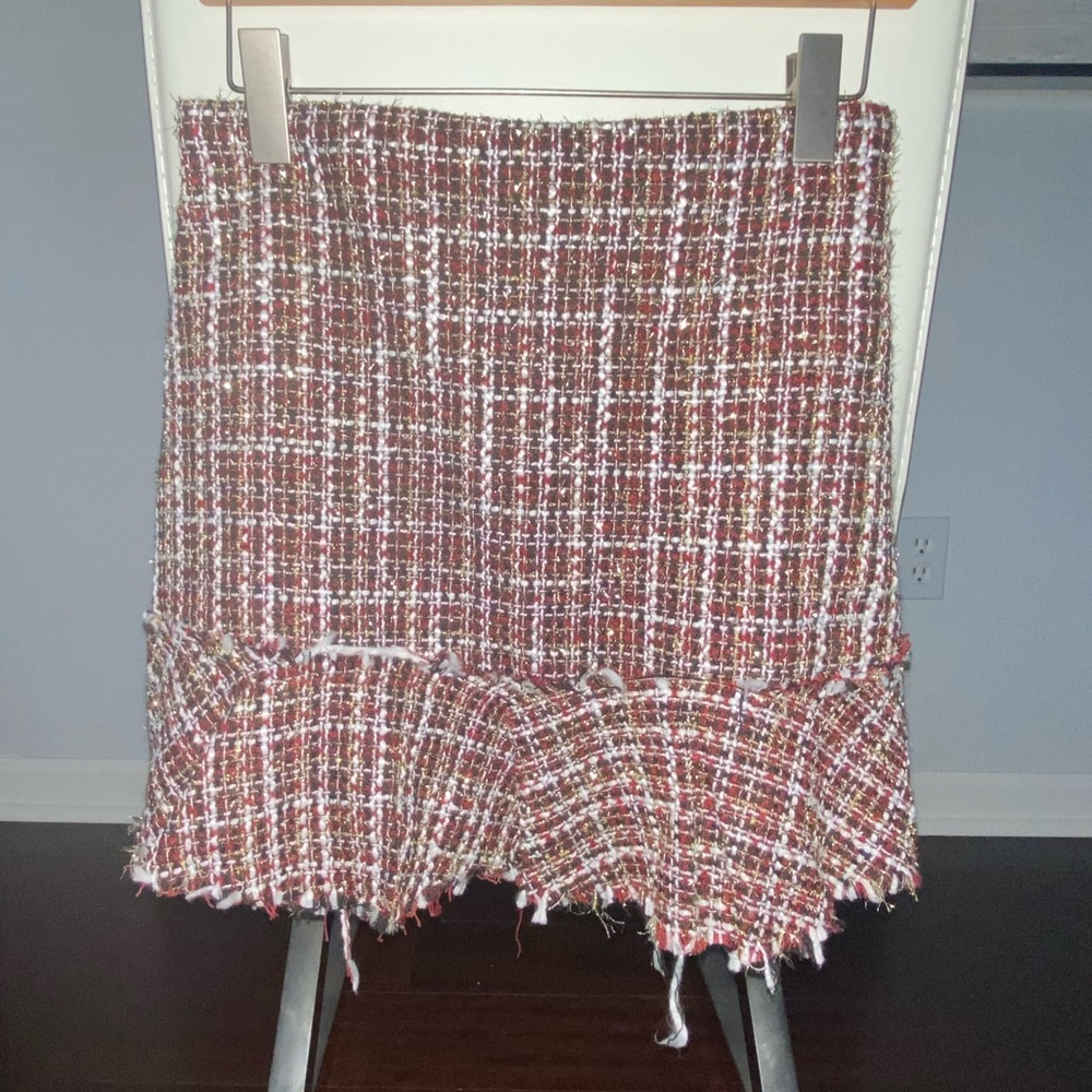 Red, Gold, White, and Black Tweed Plaid Skirt
